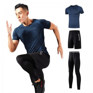 FDMM003-3 Mænds fitnessdragt, T-shirt + løse shorts + stramme bukser til løb